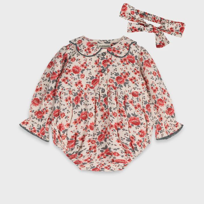 Linen Blend Long Sleeve Romper &amp; Headband - Rose Floral