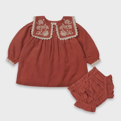 Linen Blend Dress with Embroidered Collar &amp; Bloomers - Sienna