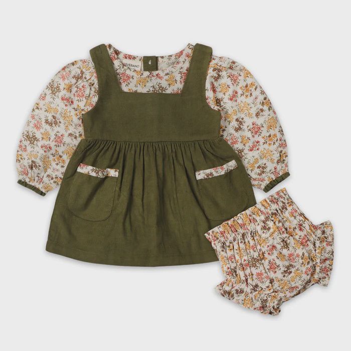 Corduroy Pinafore Dress &amp; Bloomers - Multi-Floral