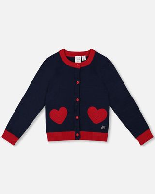 Girls&#39; Knitted Cardigan Navy Blue With Red Embroidered Hearts