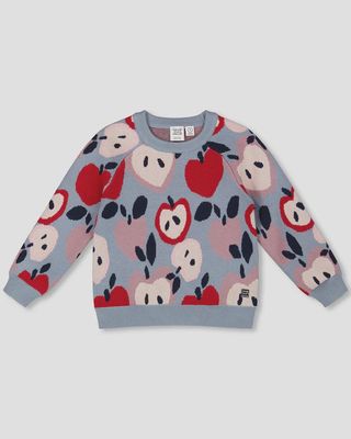 Girls&#39; Knit Sweater Blue And Red With Apple Heart Jacquard