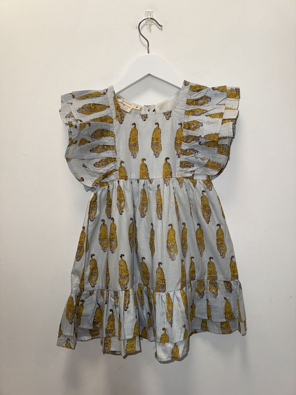 Girls Frill Sleeve Dress - Grey Yellow Tiger