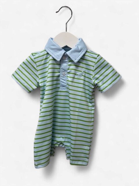 Baby Performance Polo Shorty Romper - Blue/Green Stripe