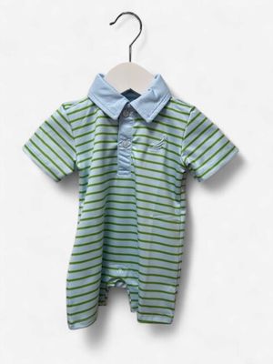 Baby Performance Polo Shorty Romper - Blue/Green Stripe