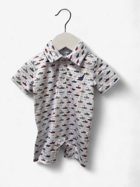 Baby Performance Polo Shorty Romper - Tug Boat
