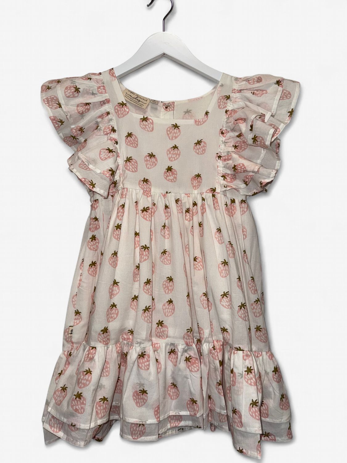 Girls Frill Sleeve Dress - Strawberry