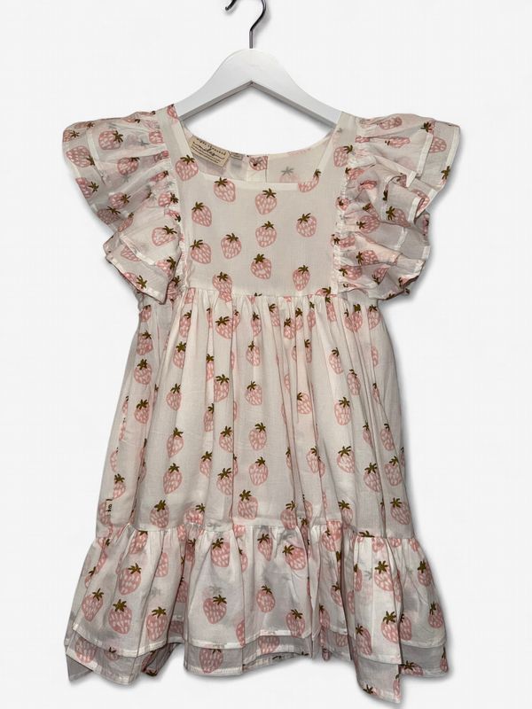 Girls Frill Sleeve Dress - Strawberry