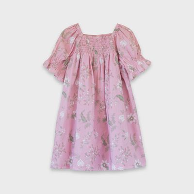 Olivia Dress with Smocking - Pink and Green Fern