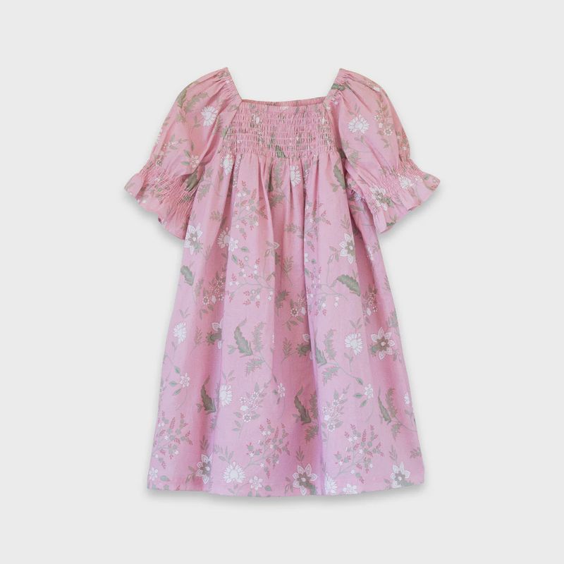 Olivia Dress with Smocking - Pink and Green Fern