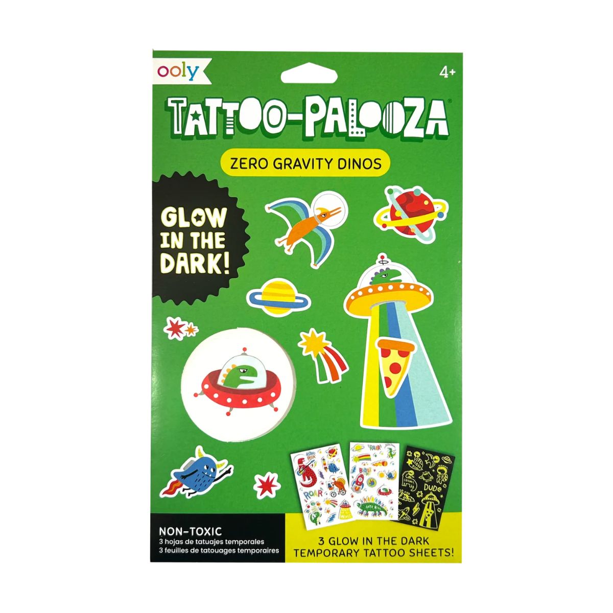 Tattoo-Palooza Glow in the Dark Temporary Tattoos - Zero Gravity Dinos - 3 Sheets