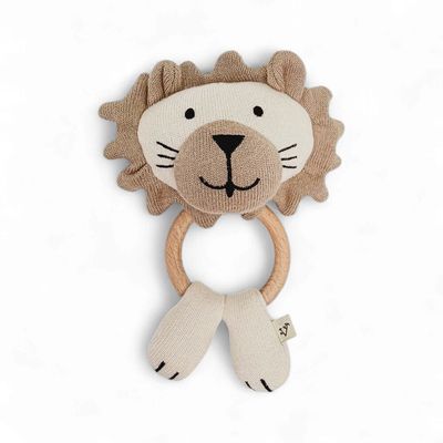 Organic Stuffed Animal Wooden Ring Rattle - Lion