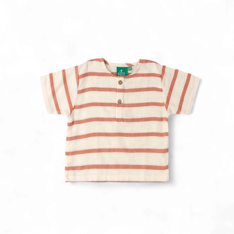 Organic Loose Short Sleeve Henley Top - Vintage Red Stripe