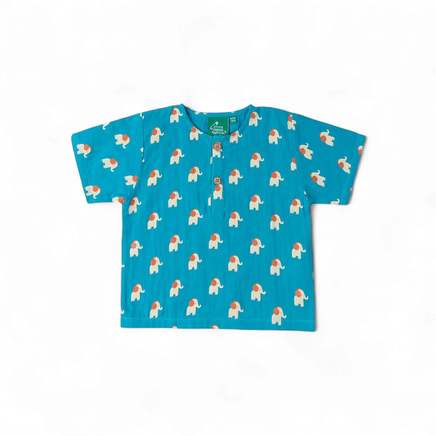 Organic Loose Short Sleeve Henley Top - Blue Elephants