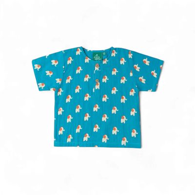 Organic Loose Short Sleeve Henley Top - Blue Elephants