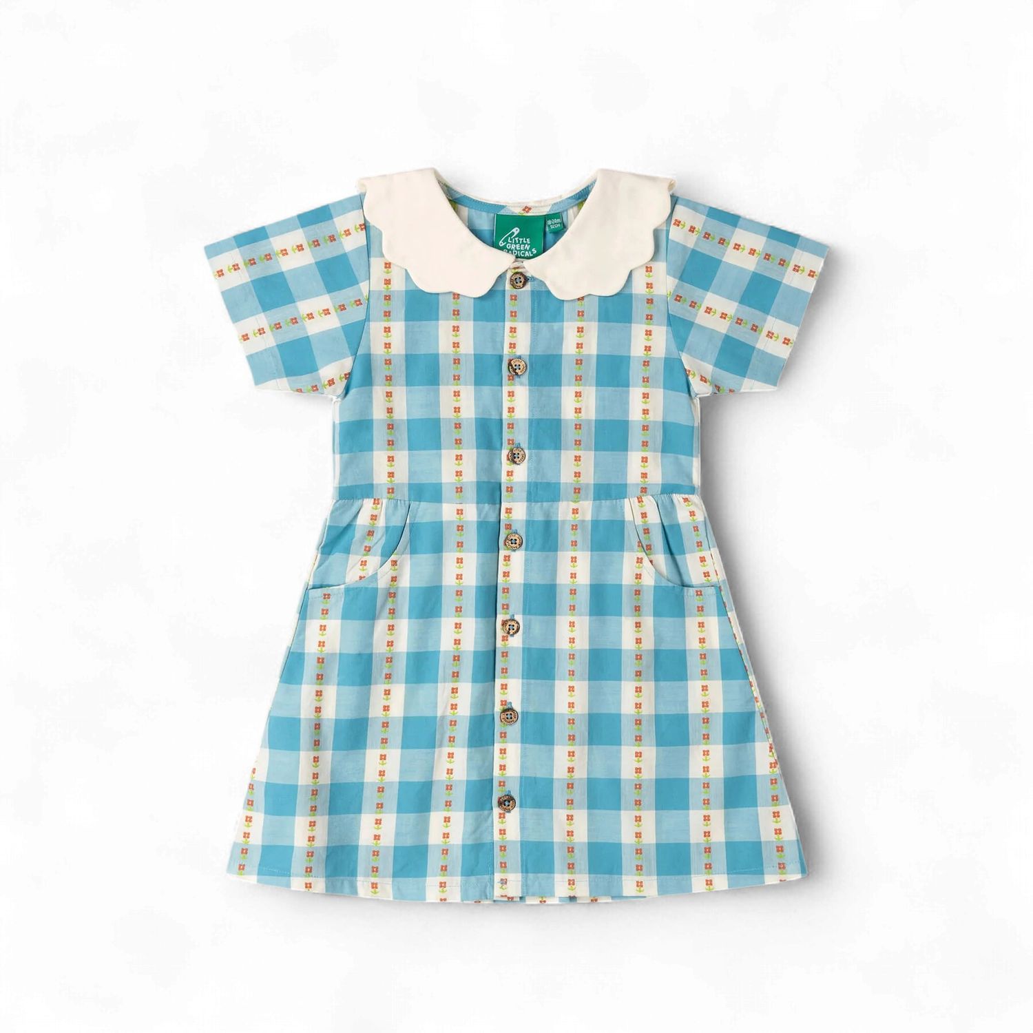 Button Through Short Sleeve Dress - Blue Flowers