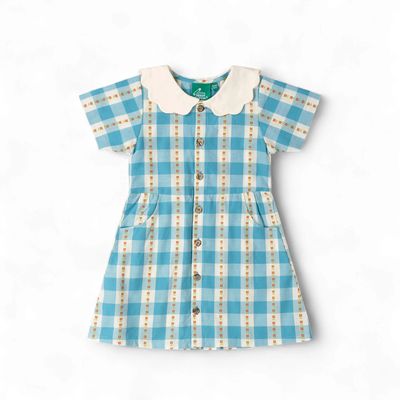 Button Through Short Sleeve Dress - Blue Flowers