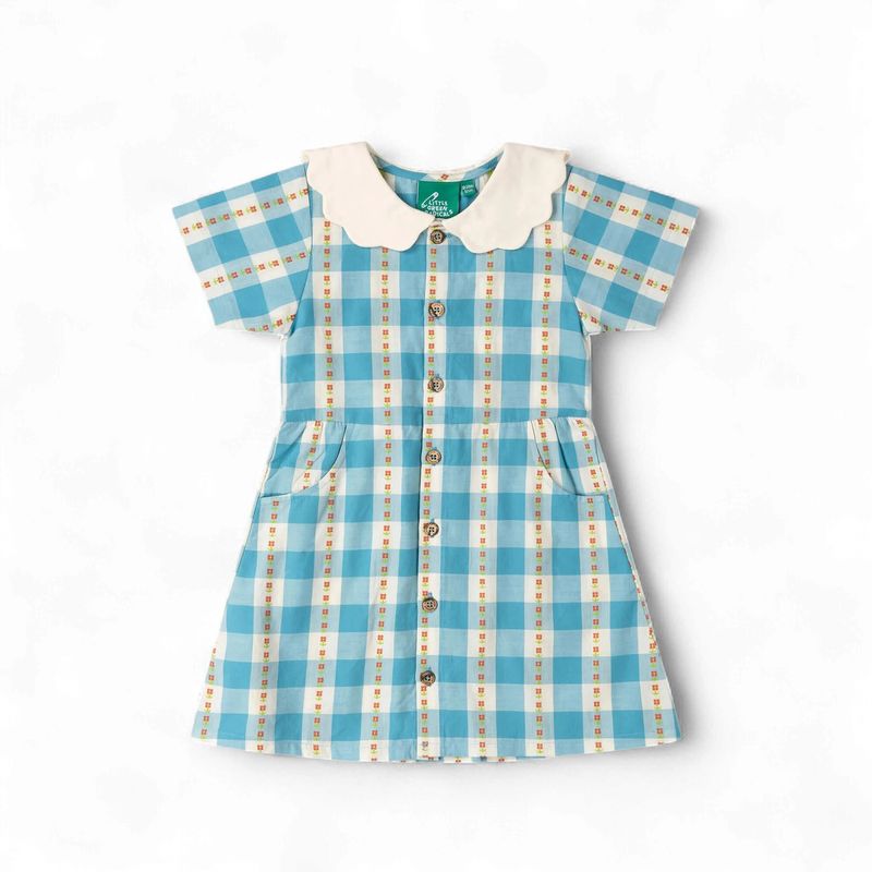 Button Through Short Sleeve Dress - Blue Flowers