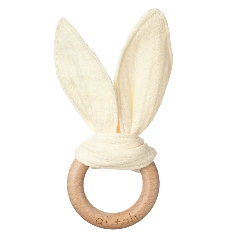 Crinkle Bunny Ears Wooden Teething Ring
