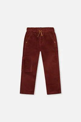Boys Stretch Corduroy Pants With Cargo Pocket - Reddish Brown