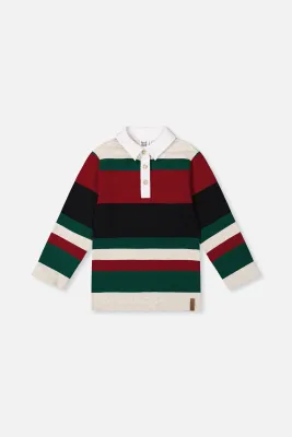 Boys Polo Top Blue Striped Red, Green And Grey