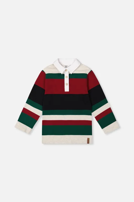 Boys Polo Top Blue Striped Red, Green And Grey