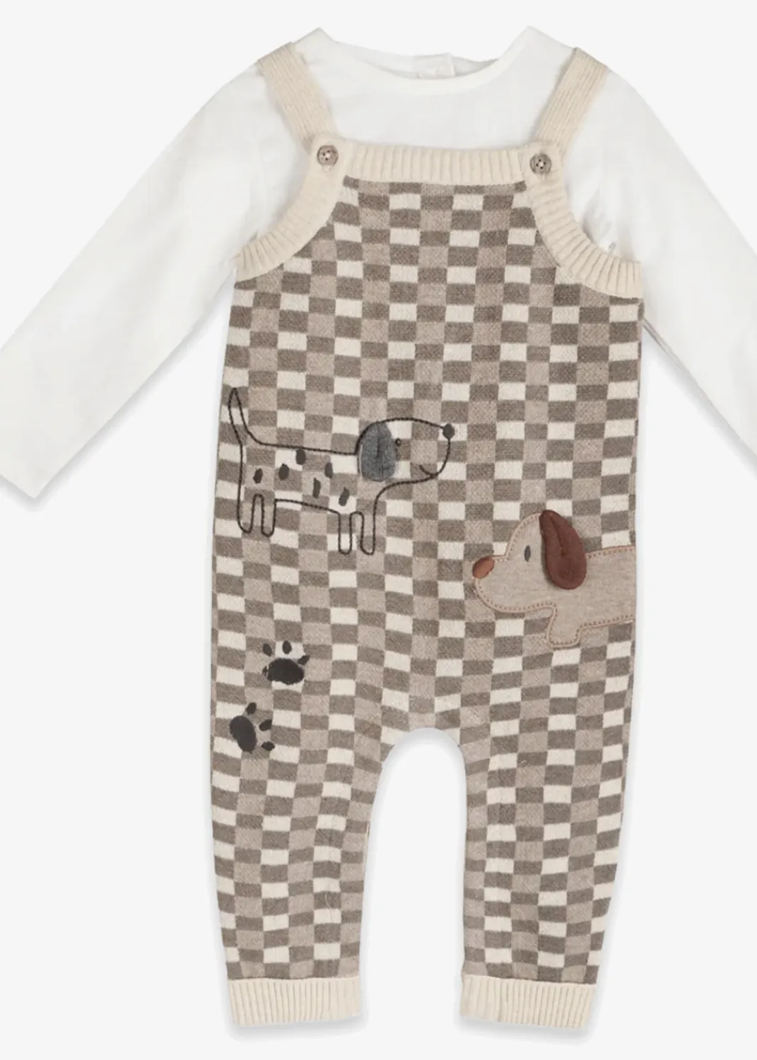 Knit Overalls &amp; Long Sleeve Bodysuit Set - 3D Check Dog