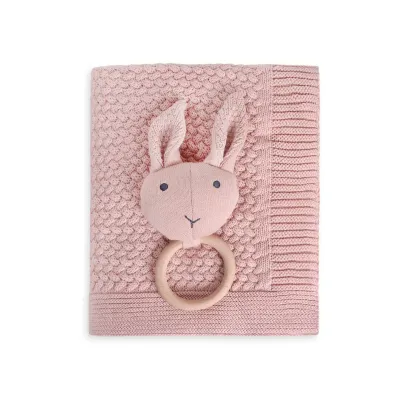 Classic Moss Knit Baby Blanket + Bunny Rattle Gift Set - Blush Pink
