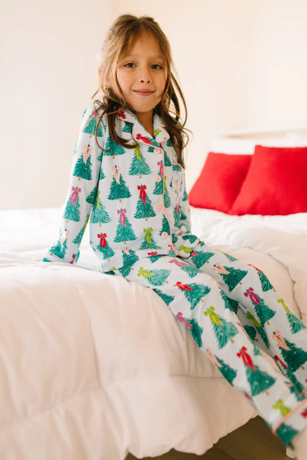 Girls Two-Piece Button Up PJ Set - Trim The Tree