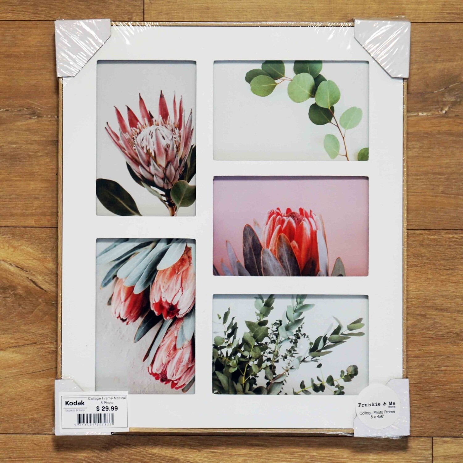 Collage photo frame with natural edging for 5 x 6x4 inch photos in various orientations.