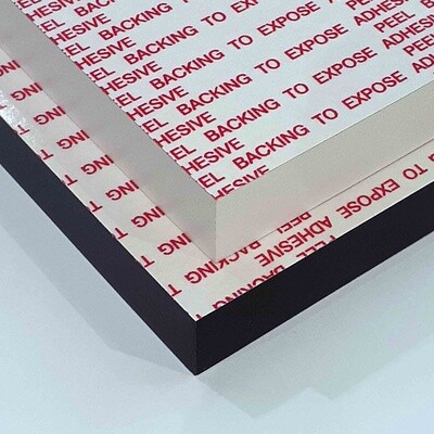 Wood photo block 10x12 inch with black edging and adhesive surface.