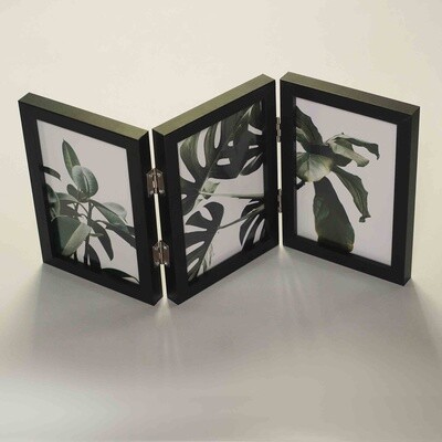Hinged photo frame for 3 x 6x4 inch photos with black finish.
