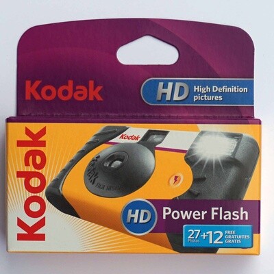 Kodak Power flash 35mm single use 35mm camera with a built-in flash preloaded with a 39 exposure 35mm film.