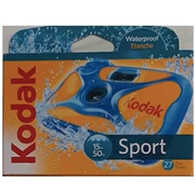 Kodak Sport waterproof 35mm single use 35mm camera with a built-in flash preloaded with a 39 exposure 35mm film.