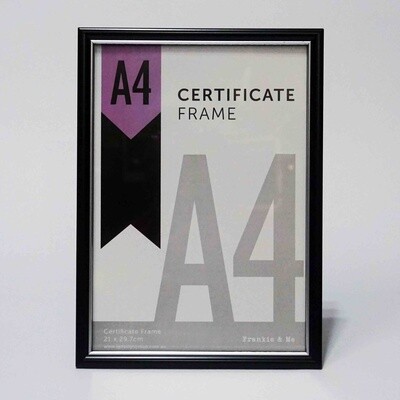 A4 certificate frame with black finish and silver trim.