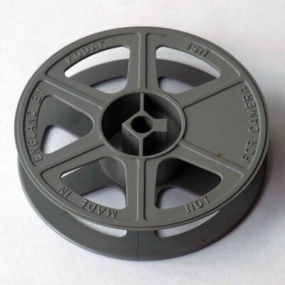 16mm film reel for 100ft of 16mm film, grey colour.