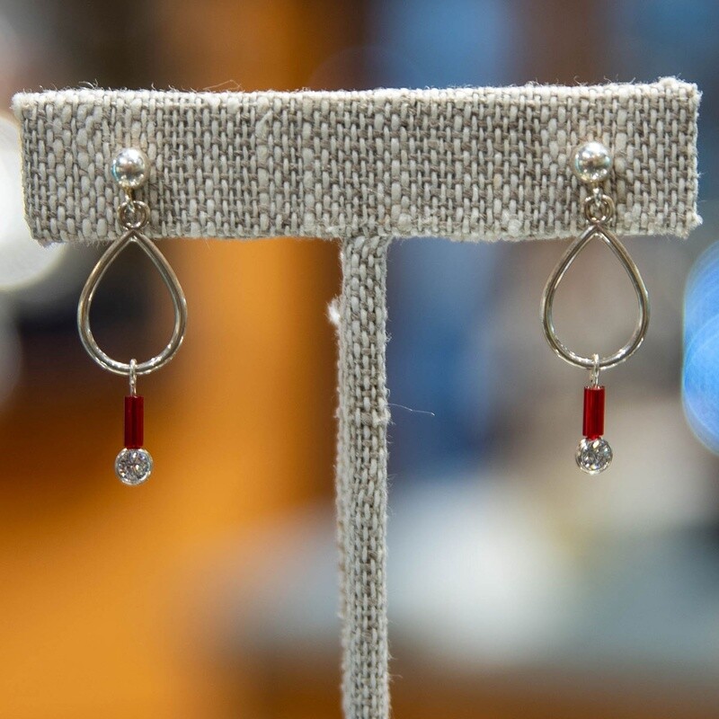 Barb Wire Earrings - CZ, Color: Red