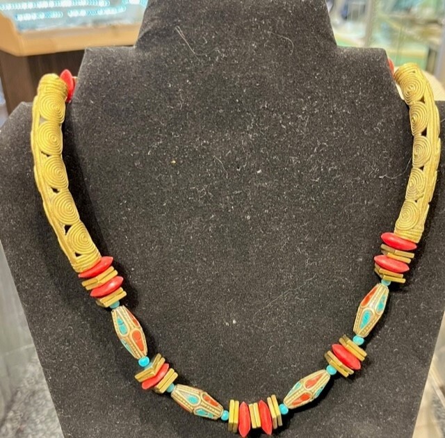 Shaughnessy Neck 007 Mens/Unisex Red/Blue Recycled Beads From Ghana With Brass Middle Eastern Beads and Snake beads