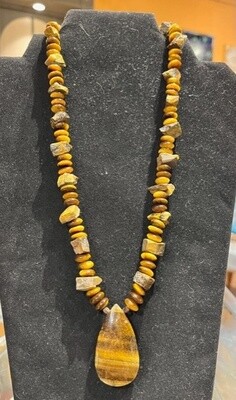 Shaughnessy Neck 008 Mens/Unisex Large Tiger Eye Pendant With Rough Agate Beads