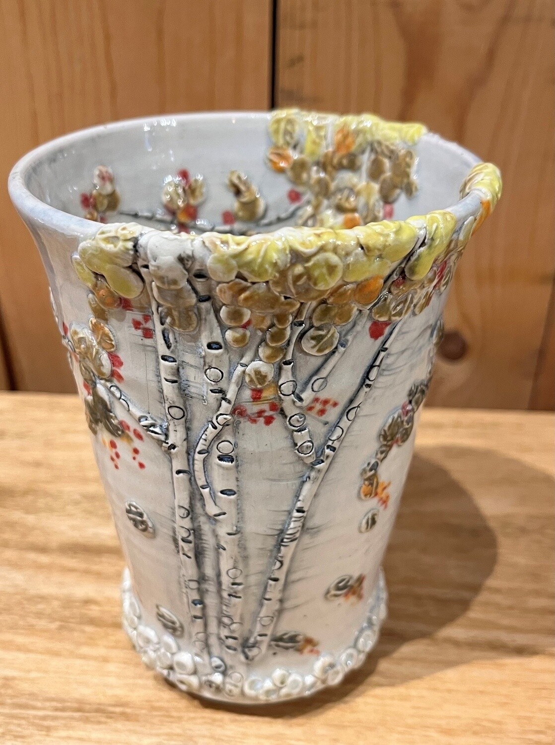Johnson Vase Birch Sculptured &quot;Autumn Leaves&quot;