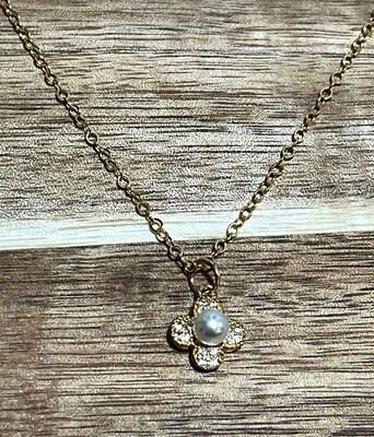 Kalli Necklace Small Square Cross/Flower Pave and Pearl Gold Filled