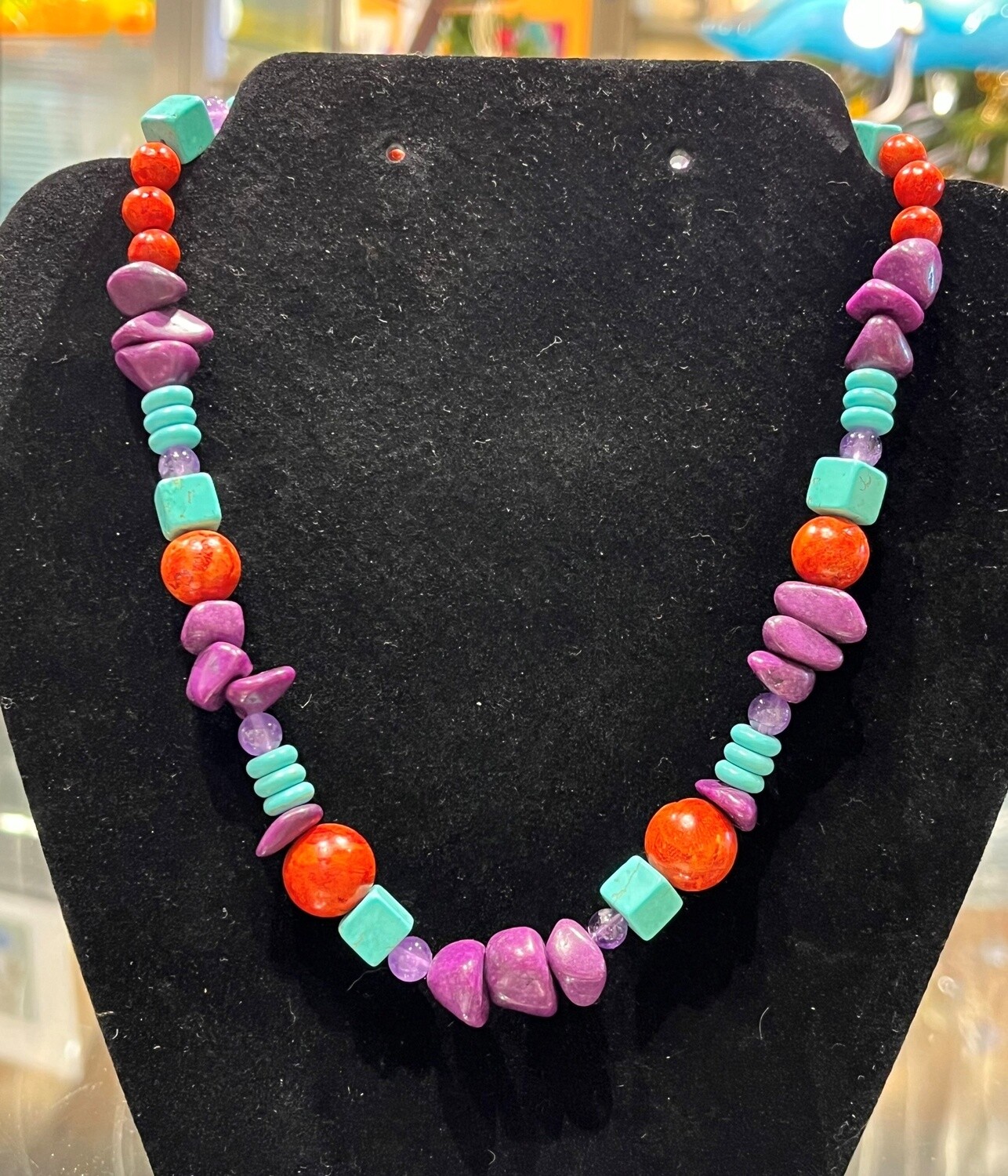 Rasmussen Necklace Chunky Purple Marble, Red Sponge Coral and Turquoise