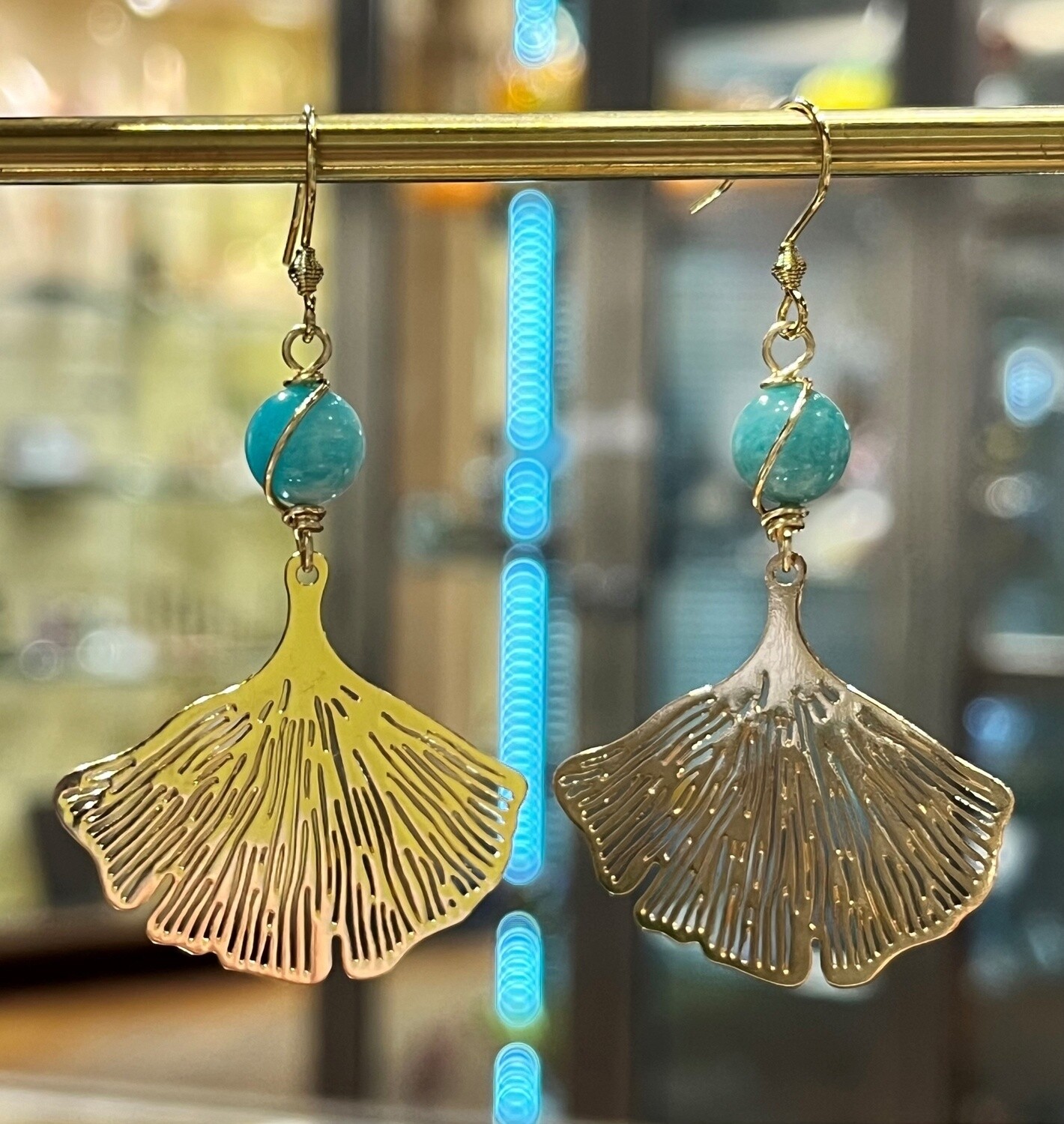Cass Earrings Ginkgo Leaf with Amazonite