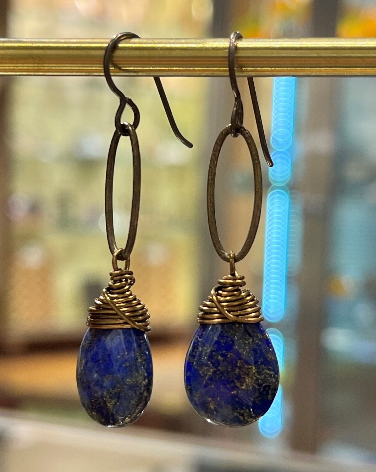 Cass Earrings Brass and Lapis Drops