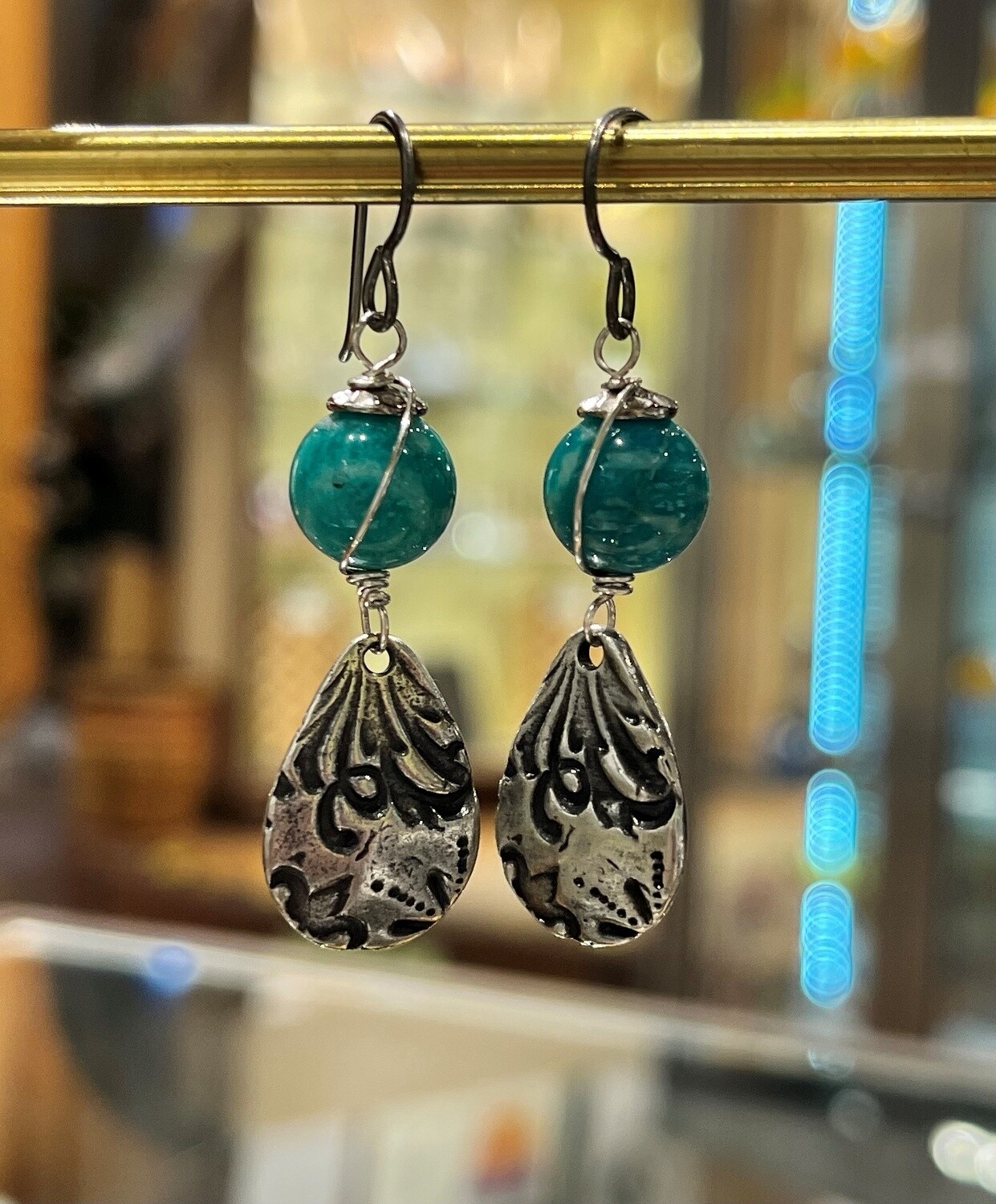 Cass Earrings Amazonite and Pewter Drops