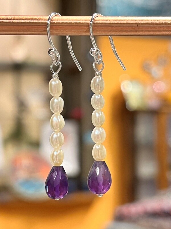 Trueworthy Earrings Amethyst Teardrop and Pearls