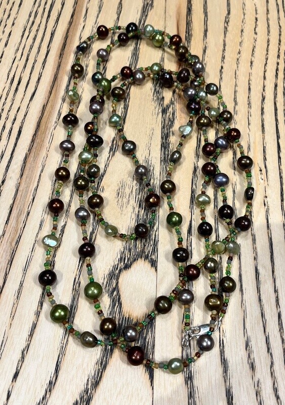 Demitre Necklace Pearls and Seed Beads Green/Bronze/Lavender