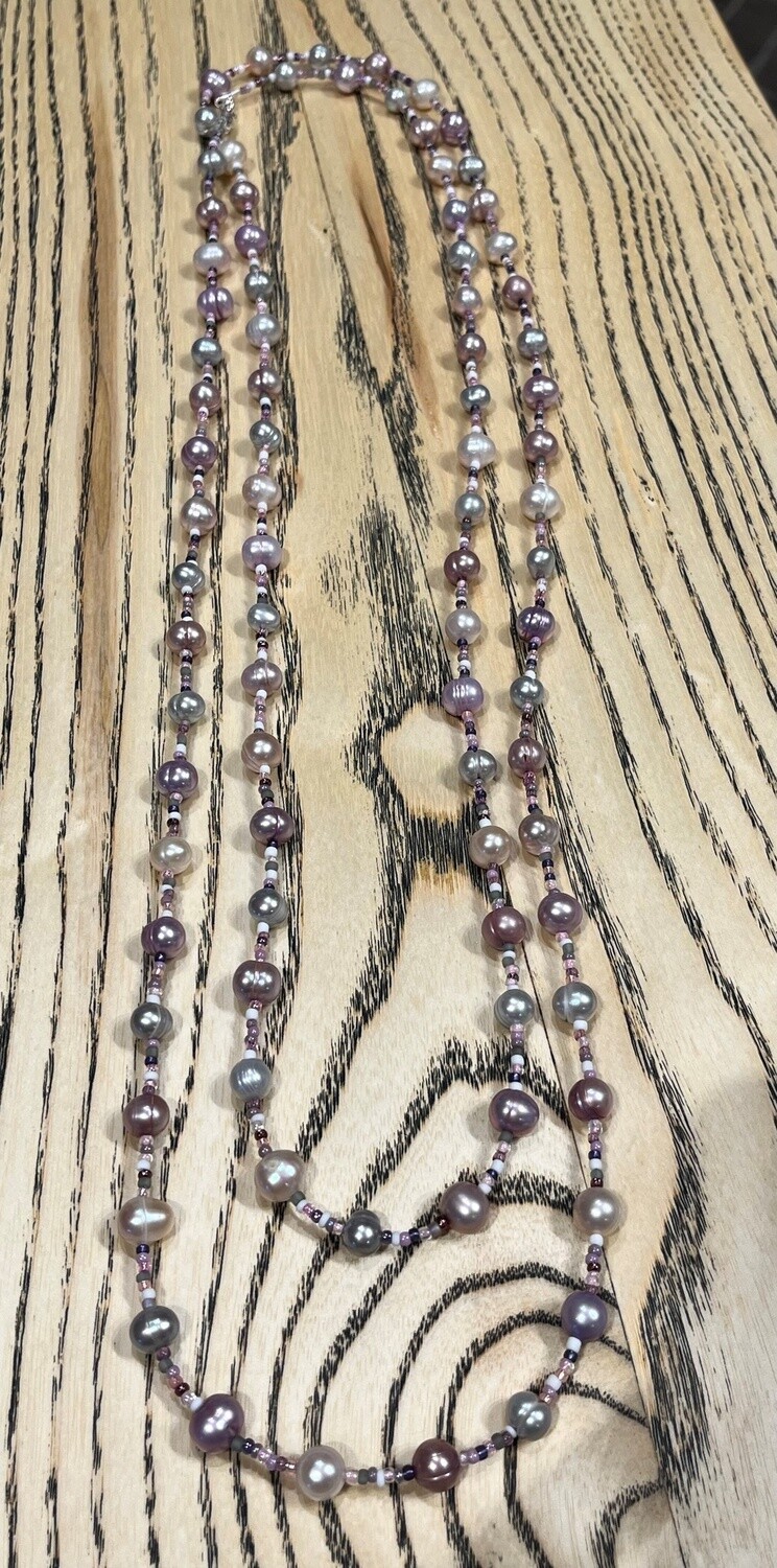 Demitre Necklace Pearls and Seed Beads Lavender/Pink/Gray