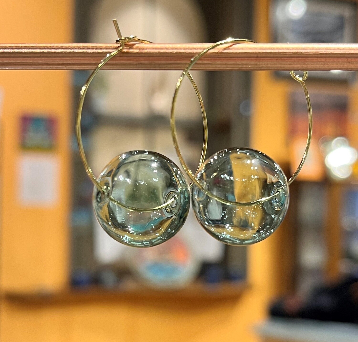Tsay Earrings Large Light Green Glass on Gold Wire