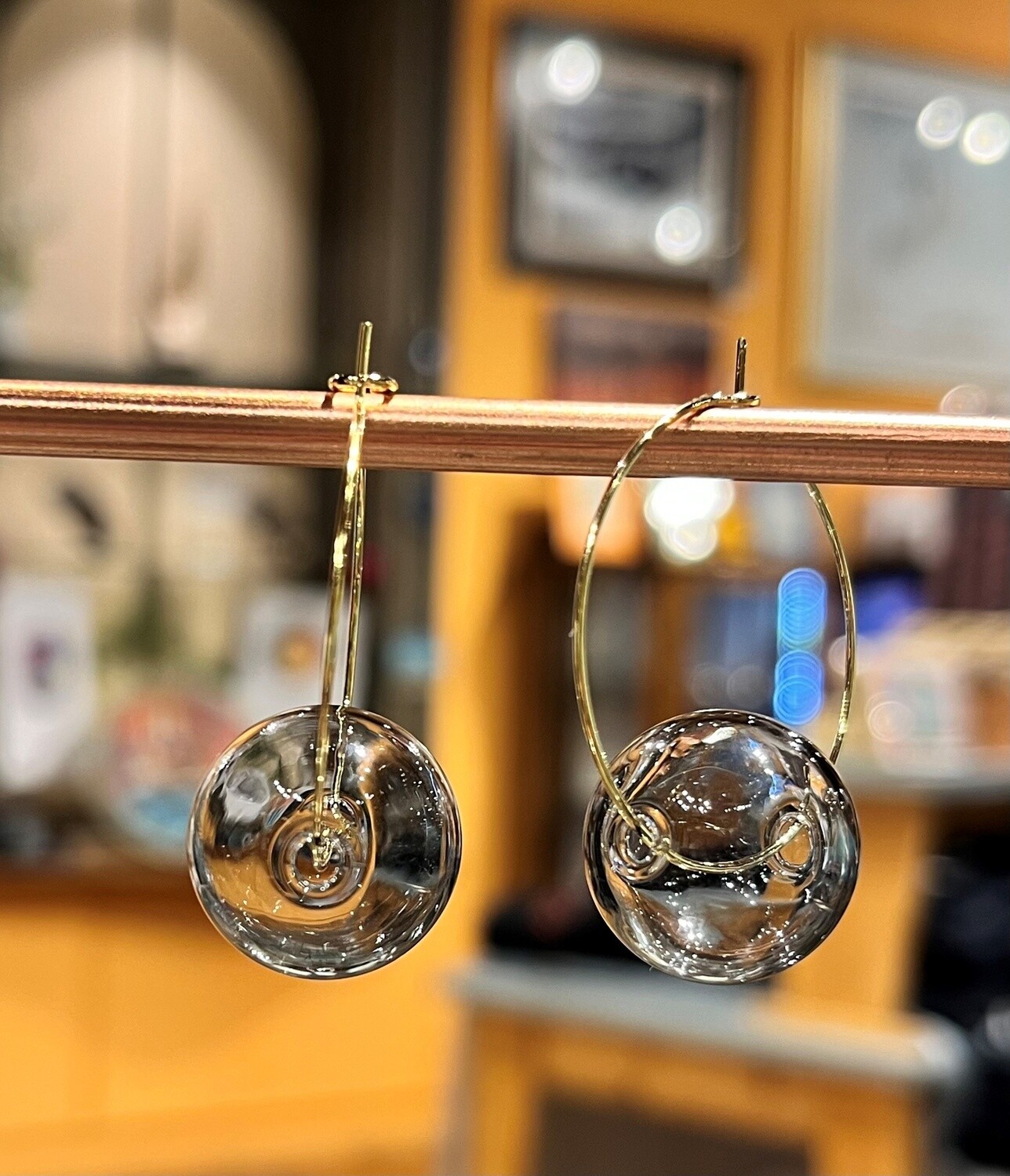 Tsay Earrings Large Gray Glass on Gold Wire