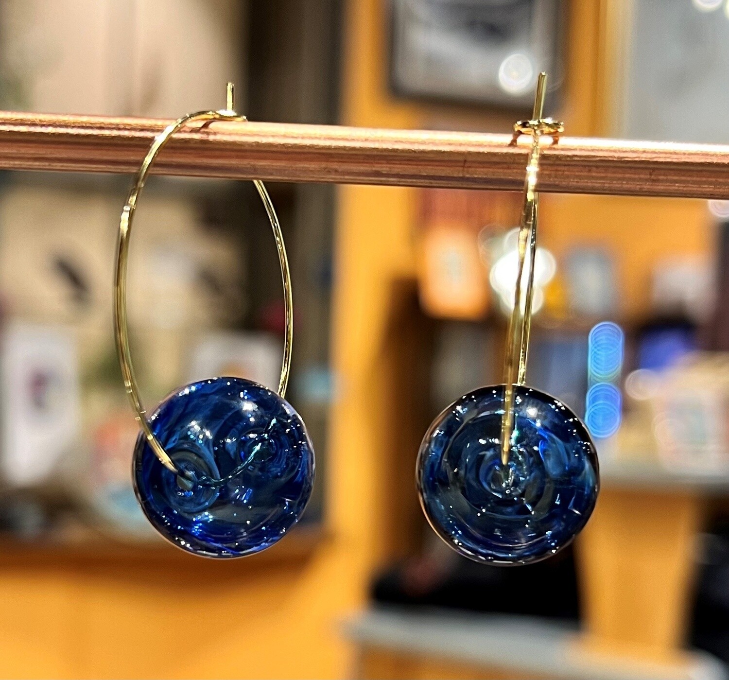 Tsay Earrings Large Royal Blue Glass on Gold Wire